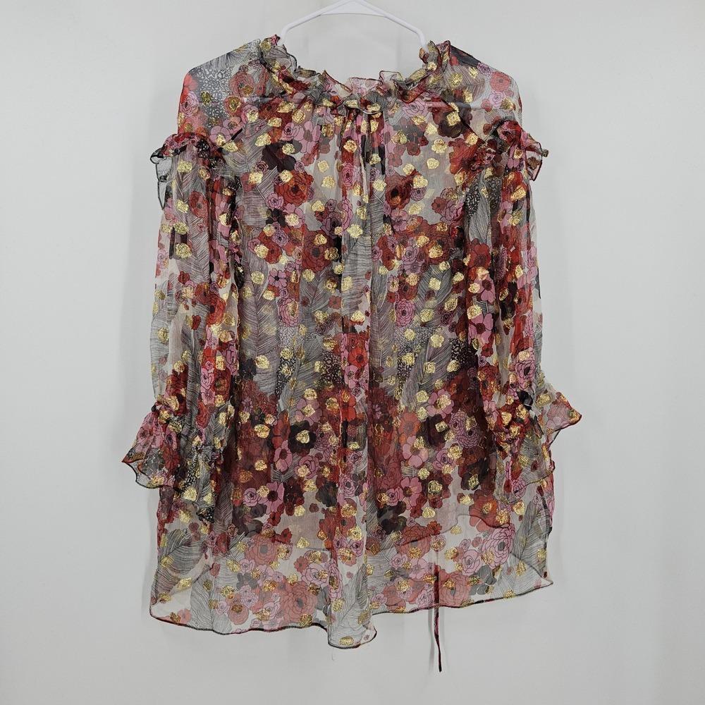 Alexander McQueen Silk Sheer Floral Blouse Maroon Gold Metallic Ruffle Peasant - Picture 9 of 11